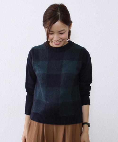 coen（コーエン）の「シャギーブロックチェッククルーネックニット（ニット/セーター・レディース・ダークグリーン/ワイン・LARGE/MEDIUM）」の3枚目の写真