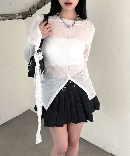 4INT.(フォイント)の「【ギークシック / インナーパンツ付き】 ダブルベルト ストライプ プリーツ ミニ スカート(スカート・レディース・チャコールグレー/ブラック・M/S)」の13枚目の写真