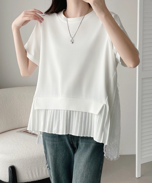 ABITOKYO(アビトーキョー)の「プリーツ切替半袖トップス(Tシャツ/カットソー・レディース・グレー/ブルー/ホワイト/ブラック・FREE)」の1枚目の写真