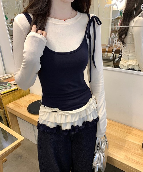gossip!ロサンゼルス(ゴシップロサンゼルス)の「Y2K 25SS 配色 フリルリボントップス(Tシャツ/カットソー・レディース・オフホワイト・FREE)」の3枚目の写真
