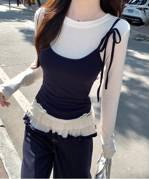 gossip!ロサンゼルス(ゴシップロサンゼルス)の「Y2K 25SS 配色 フリルリボントップス(Tシャツ/カットソー・レディース・オフホワイト・FREE)」の9枚目の写真