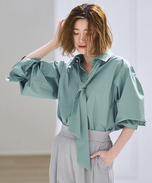 ルイルエブティック RUIRUE BOUTIQUE ボウタイブラウス （グレーカーキ） ボウタイブラウス「T748」-RUIRUE BOUTIQUE