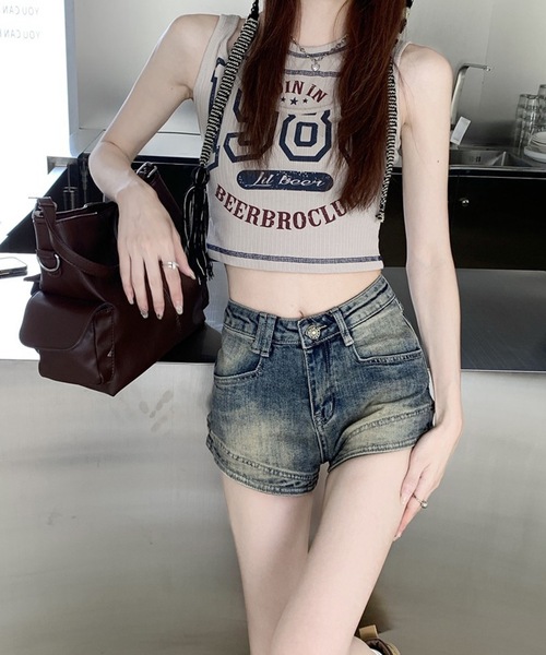 Lace Ladies（レースレディース）の「ユーズド風 ハイウエスト デニム ショート パンツ（デニムパンツ・レディース・ブルー・S/M/L/XL）」の2枚目の写真