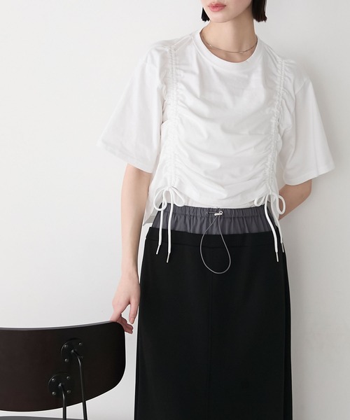 forksy.(フォルクシー)の「【forksy.】ドロストギャザー クロップド丈Tシャツ(Tシャツ/カットソー・レディース・ホワイト/ライトイエロー/ブルー/ブラック・FREE)」の7枚目の写真