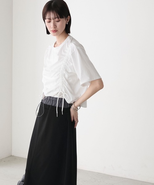 forksy.(フォルクシー)の「【forksy.】ドロストギャザー クロップド丈Tシャツ(Tシャツ/カットソー・レディース・ホワイト/ライトイエロー/ブルー/ブラック・FREE)」の10枚目の写真