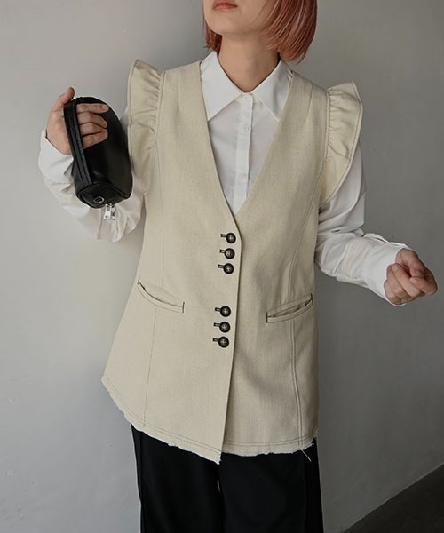セール】no collar frill sleeve nep gilet（ベスト