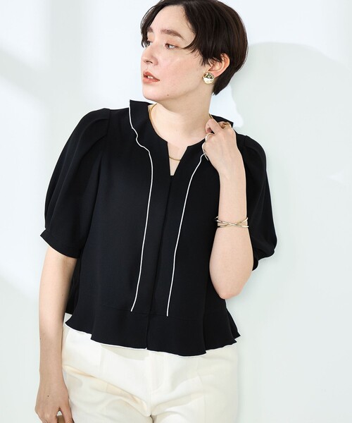 セール】ストレッチジョーゼット配色フリルブラウス（シャツ/ブラウス