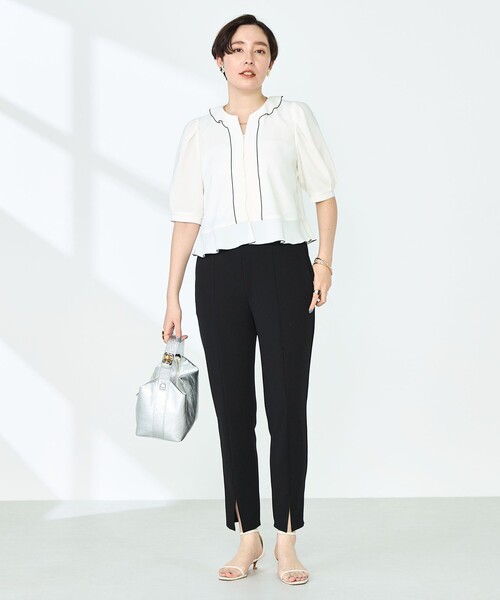 セール】ストレッチジョーゼット配色フリルブラウス（シャツ/ブラウス