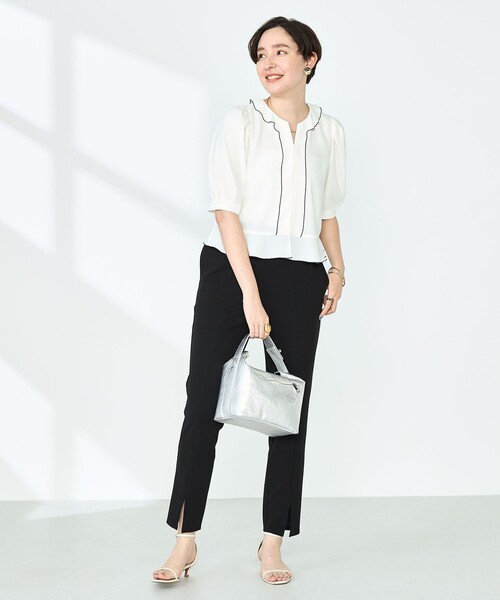 セール】ストレッチジョーゼット配色フリルブラウス（シャツ/ブラウス