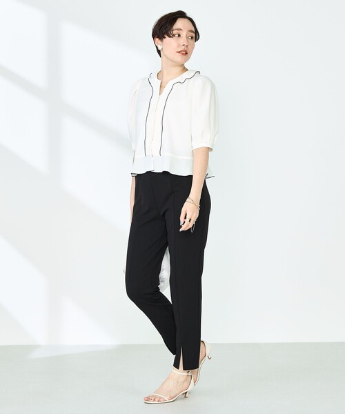 セール】ストレッチジョーゼット配色フリルブラウス（シャツ/ブラウス