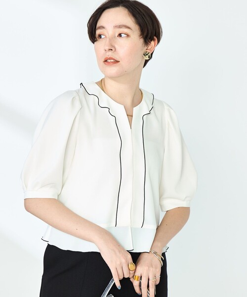 NOLLEY’S(ノーリーズ)の「ストレッチジョーゼット配色フリルブラウス(シャツ/ブラウス・レディース・ブラック/ネイビー/オフホワイト・38/36)」の9枚目の写真