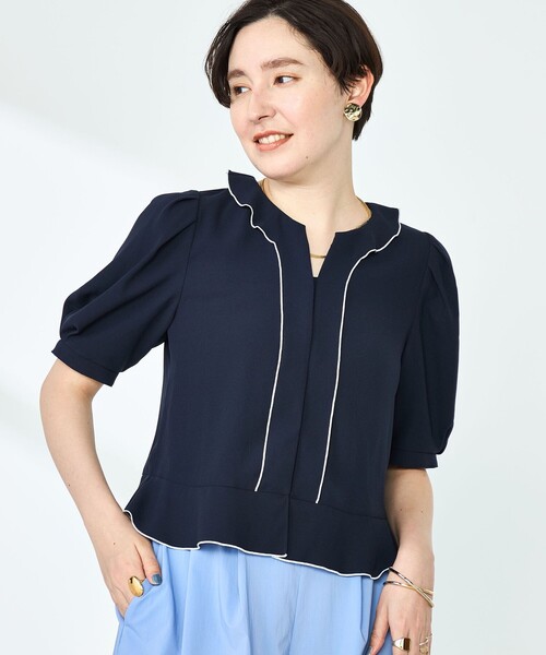 NOLLEY’S(ノーリーズ)の「ストレッチジョーゼット配色フリルブラウス(シャツ/ブラウス・レディース・ブラック/ネイビー/オフホワイト・38/36)」の13枚目の写真