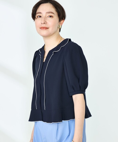 NOLLEY’S(ノーリーズ)の「ストレッチジョーゼット配色フリルブラウス(シャツ/ブラウス・レディース・ブラック/ネイビー/オフホワイト・38/36)」の14枚目の写真