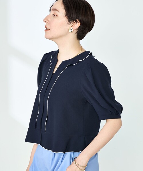 セール】ストレッチジョーゼット配色フリルブラウス（シャツ/ブラウス