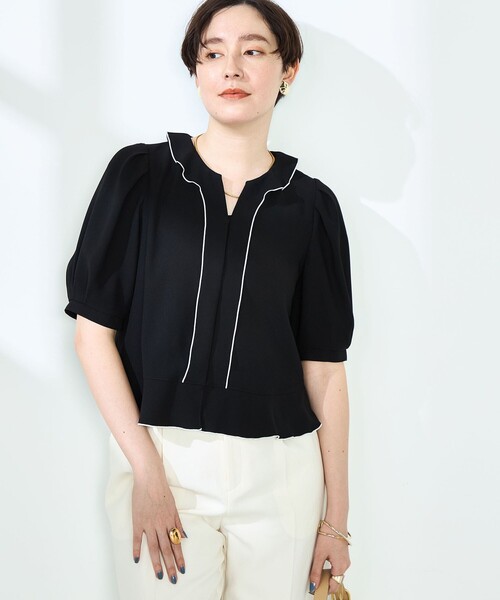 NOLLEY’S(ノーリーズ)の「ストレッチジョーゼット配色フリルブラウス(シャツ/ブラウス・レディース・ブラック/ネイビー/オフホワイト・38/36)」の21枚目の写真