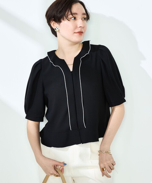 NOLLEY’S(ノーリーズ)の「ストレッチジョーゼット配色フリルブラウス(シャツ/ブラウス・レディース・ブラック/ネイビー/オフホワイト・38/36)」の22枚目の写真