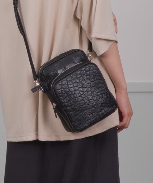 クロコダイルショルダーバッグ ポシェット黒FIOCCHI ITALY製 セール】【BELLIES YORK】クロコダイル×牛革 ショルダーバッグ