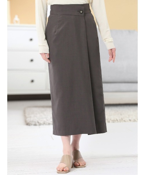 m.f.editorial(エムエフエディトリアル)の「【接触冷感 ウォッシャブル】m.f.エディトリアルレディース 杢調 ラップ風ロングスカート(セットアップ可能)(スーツスカート・レディース・ダークウッド・MEDIUM/LARGE/X-LARGE/S)」の1枚目の写真