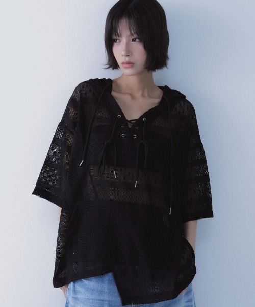 SETSETSET(セットセットセット)の「A'GEM/9 × .kom 『SETSETSET/セットセットセット』 BOHEMIAN LACE HOODIE/ボヘミアン シアーレース パーカー(その他トップス・レディース・ブラック/ホワイト・FREE)」の1枚目の写真