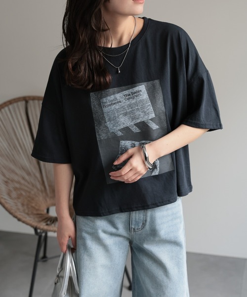 TELOPLAN ダークグレー クロップド丈 半袖シャツ セール】フォトプリントクロップド丈Tee / 半袖Teeシャツ（T