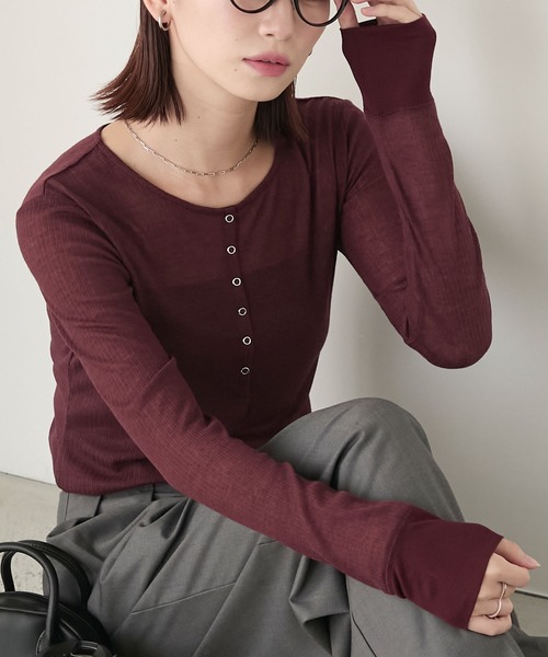 BONLECILL(ボンルシール)の「シアーテレコヘンリーネックプルオーバー(Tシャツ/カットソー・レディース・ボルドー/ブラック/アイボリー/杢グレー・FREE)」の4枚目の写真
