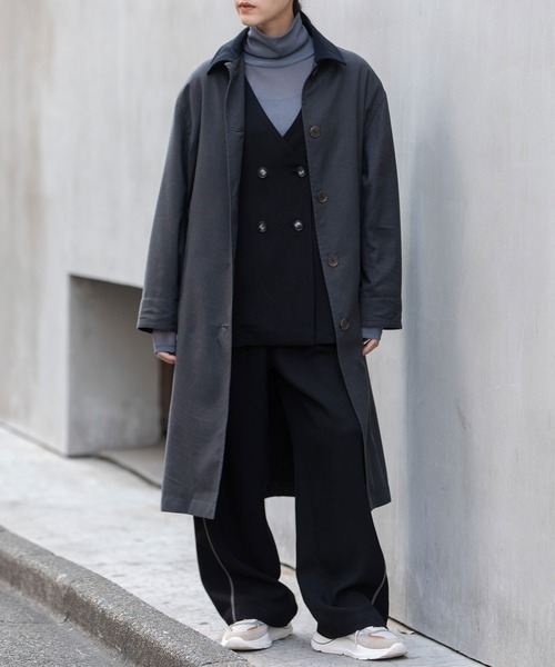 Munich(ミューニック)の「【軽量】【保温性】【吸水・速乾性】梳毛調合繊×コーデュロイ×octaステンカラーコート(ステンカラーコート・レディース・ネイビー/チャコールグレー/グレー・FREE)」の2枚目の写真