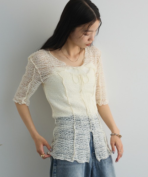 midoo♡ 【新品】コットンレースデザイントップス カットワークデザインレース半袖トップス（Tシャツ/カットソー