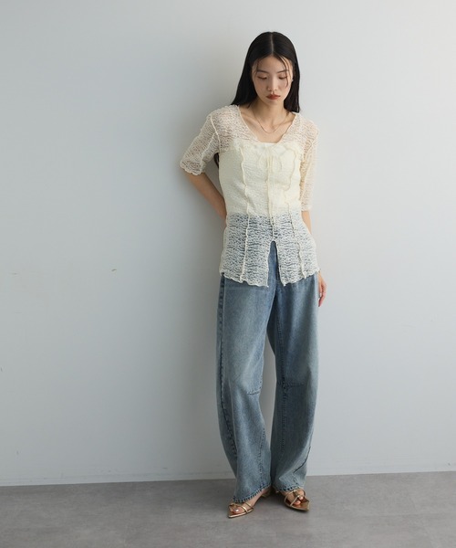 カットワークデザインレース半袖トップス（Tシャツ/カットソー