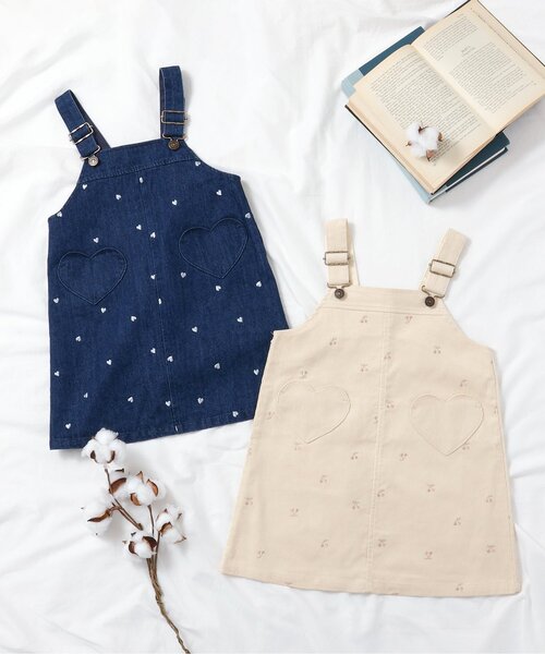 apres les cours（アプレレクール）の「【リンク/ジュニア対応】さくらんぼ・ハート刺繍ジャンスカ（ジャンパースカート・キッズ・アイボリー/インディゴブルー・100/80/140/130/120/110/90）」の7枚目の写真