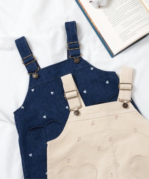 apres les cours（アプレレクール）の「【リンク/ジュニア対応】さくらんぼ・ハート刺繍ジャンスカ（ジャンパースカート・キッズ・アイボリー/インディゴブルー・100/80/140/130/120/110/90）」の8枚目の写真