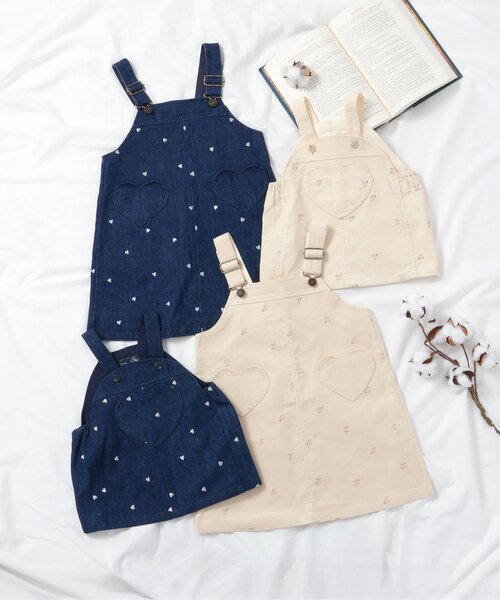 apres les cours（アプレレクール）の「【リンク/ジュニア対応】さくらんぼ・ハート刺繍ジャンスカ（ジャンパースカート・キッズ・アイボリー/インディゴブルー・100/80/140/130/120/110/90）」の10枚目の写真