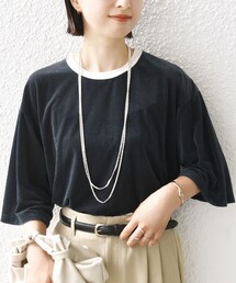 〈手洗い可能〉シアー トリコット ポリエステル ベロア 五分袖 ワイド TEE