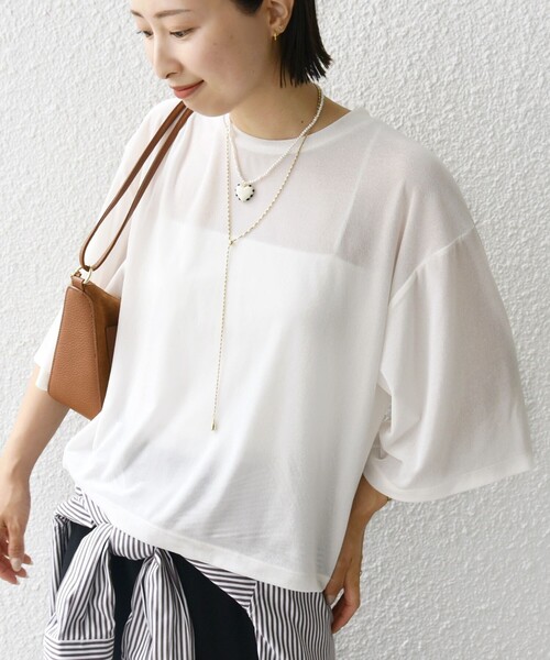 tシャツ 「手洗い可能」シアー トリコット ポリエステル ベロア 五分袖 ワイド TEE レディース 手洗い可能〉シアー トリコット ポリエステル ベロア 五分袖
