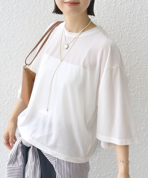 〈手洗い可能〉シアー トリコット ポリエステル ベロア 五分袖 ワイド TEE 手洗い可能〉シアー トリコット ポリエステル ベロア 五分袖