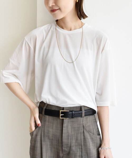 SHIPS（シップス）の「〈手洗い可能〉シアー トリコット ポリエステル ベロア 五分袖 ワイド TEE（Tシャツ/カットソー・レディース・ダークグレー/オフホワイト/ピンク/ネイビー・ONE SIZE）」の9枚目の写真