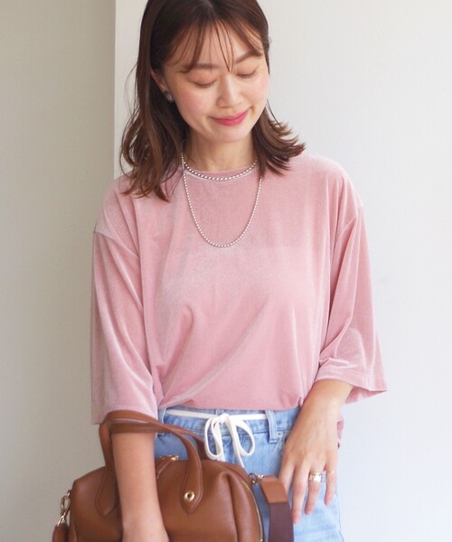 tシャツ 「手洗い可能」シアー トリコット ポリエステル ベロア 五分袖 ワイド TEE レディース 手洗い可能〉シアー トリコット ポリエステル ベロア 五分袖