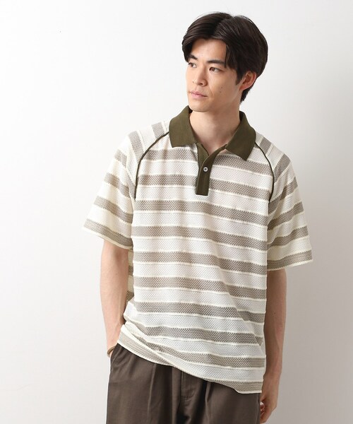 THE SHOP TK （ザ ショップ ティーケー ）の「変形ボーダーポロシャツ【洗濯機OK】（Tシャツ/カットソー・メンズ・カーキ系2/ネイビー系2/モスグリーン系2・02/03/04）」の2枚目の写真