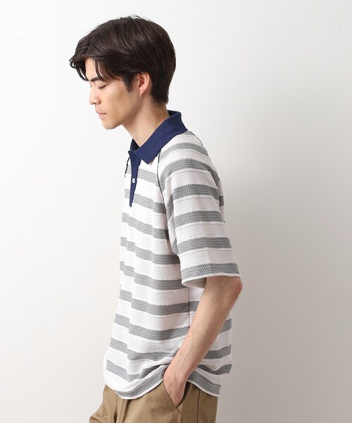 THE SHOP TK （ザ ショップ ティーケー ）の「変形ボーダーポロシャツ【洗濯機OK】（Tシャツ/カットソー・メンズ・カーキ系2/ネイビー系2/モスグリーン系2・02/03/04）」の8枚目の写真