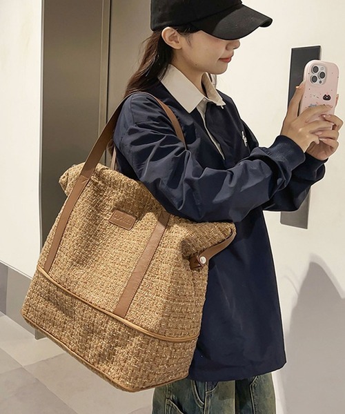 セール】【容量拡張機能付き・大容量】ラメツイードボストンバッグ