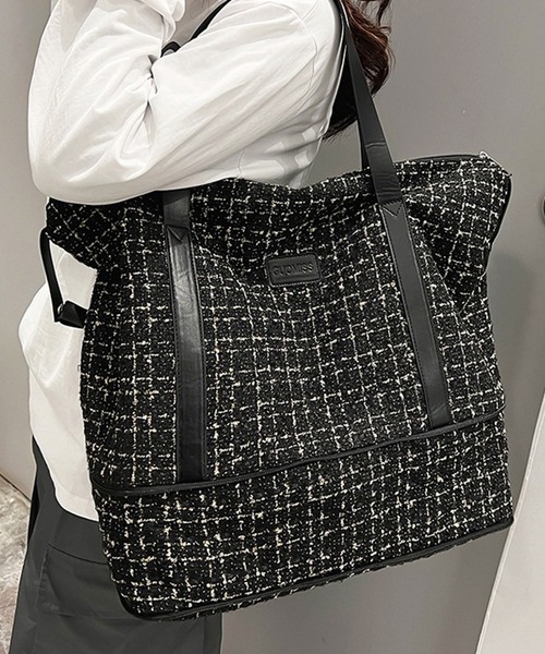 セール】【容量拡張機能付き・大容量】ラメツイードボストンバッグ