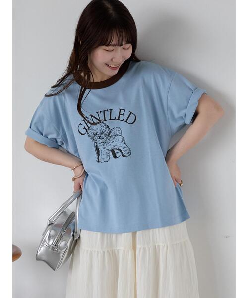 ehka sopo（エヘカソポ）の「わんこプリントリンガーTシャツ（Tシャツ/カットソー・レディース・グリーン/サックスブルー/オフホワイト/チャコールグレー・F）」の4枚目の写真