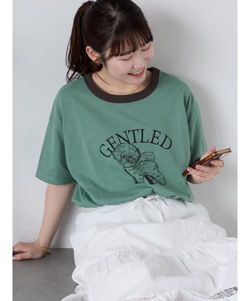 ehka sopo（エヘカソポ）の「わんこプリントリンガーTシャツ（Tシャツ/カットソー・レディース・グリーン/サックスブルー/オフホワイト/チャコールグレー・F）」の3枚目の写真