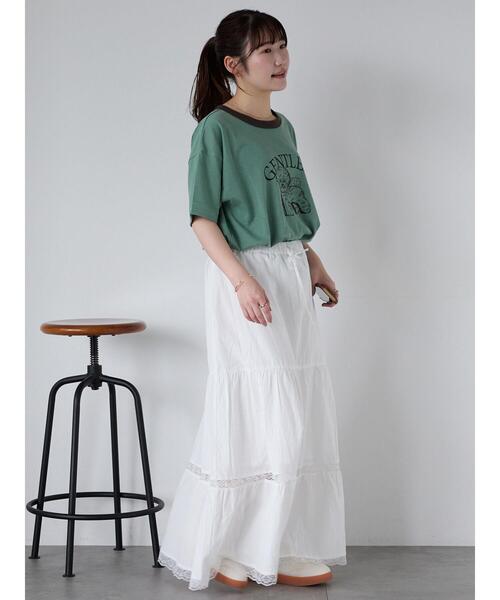 ehka sopo（エヘカソポ）の「わんこプリントリンガーTシャツ（Tシャツ/カットソー・レディース・グリーン/サックスブルー/オフホワイト/チャコールグレー・F）」の5枚目の写真