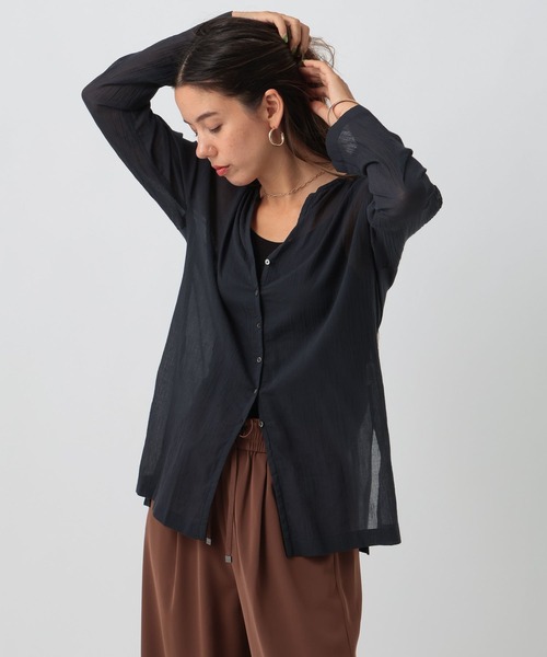 BAYFLOW(ベイフロー)の「コットンシアーカーディガン(カーディガン/ボレロ・レディース・キャメル/ネイビー/オフホワイト・FREE)」の3枚目の写真