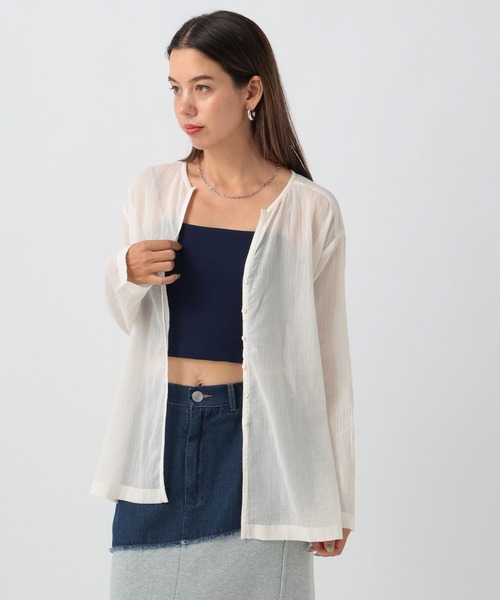 BAYFLOW(ベイフロー)の「コットンシアーカーディガン(カーディガン/ボレロ・レディース・キャメル/ネイビー/オフホワイト・FREE)」の6枚目の写真