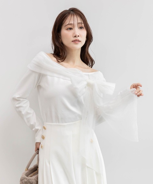 RANDA(ランダ)の「チュールリボンドッキングトップス(Tシャツ/カットソー・レディース・ブラック/ブルー/ホワイト・FREE)」の2枚目の写真