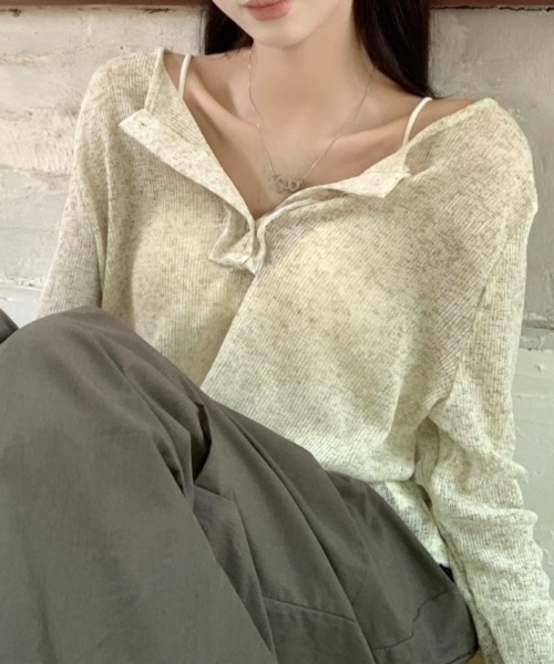 LADY LIKE（レディライク）の「ラウンドヘムヘンリーネックシアーニット（ニット/セーター・レディース・ライトグレー/グリーン・M）」の9枚目の写真