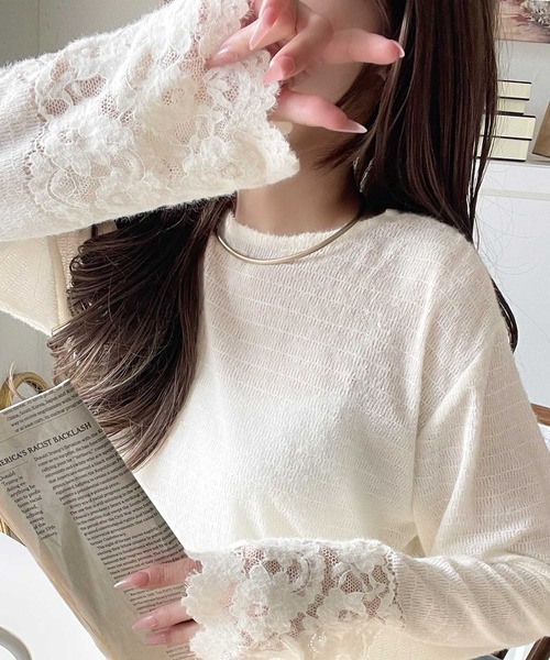 セール】手元から華やぐ♪シーズンムード抜群、袖フラワーレース起毛