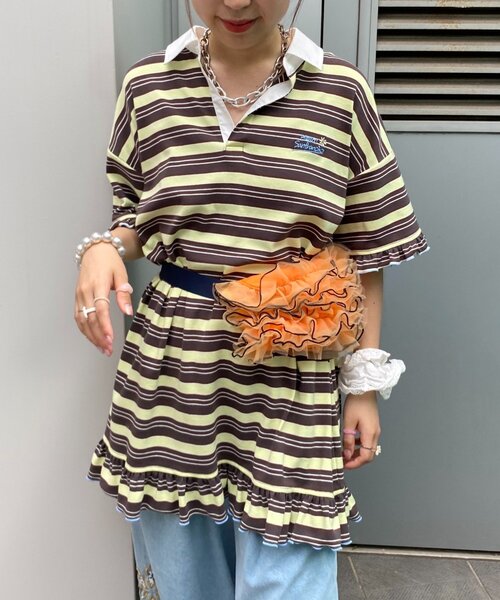 HELLO.SANFRANCISCO(ハローサンフランシスコ)の「【HELLO.SANFRANCISCO/ハローサンフランシスコ】ロゴ刺繍ラガーシャツチュニック(チュニック・レディース・ピンク/ブラウン/イエロー・ONE SIZE)」の3枚目の写真