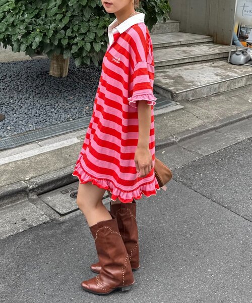 HELLO.SANFRANCISCO(ハローサンフランシスコ)の「【HELLO.SANFRANCISCO/ハローサンフランシスコ】ロゴ刺繍ラガーシャツチュニック(チュニック・レディース・ピンク/ブラウン/イエロー・ONE SIZE)」の5枚目の写真